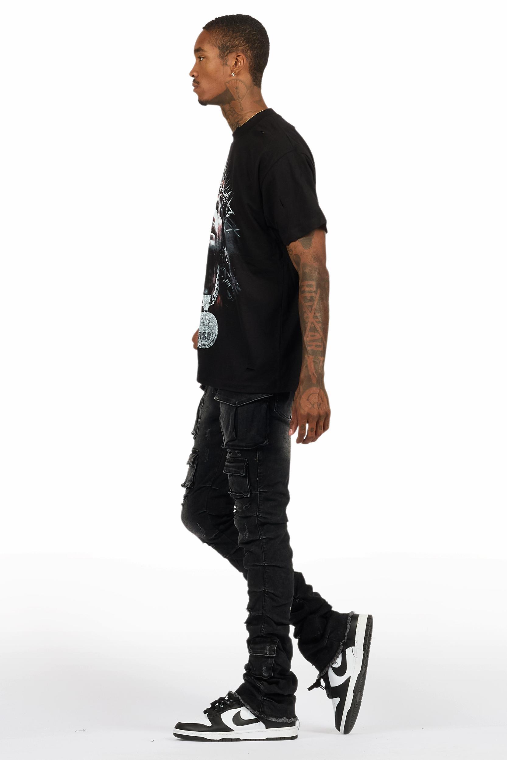 Amina Black T-Shirt & Gentry Dark Grey Stacked Flare Jean Bundle Male Product Image
