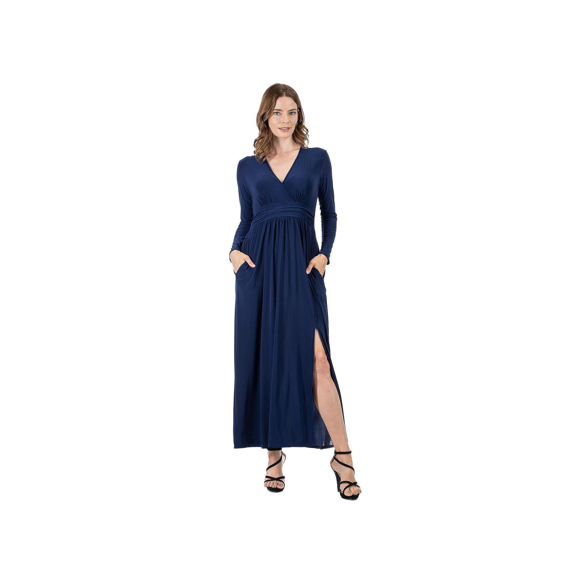Women's 24Seven Comfort Apparel Long Sleeve V-Neck Side Slit Maxi Dress, Size: Small, Blue Product Image