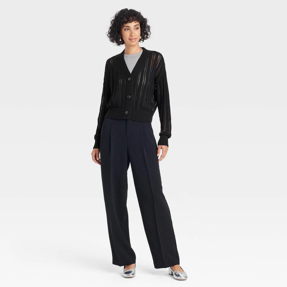 Women's Openwork Cardigan - A New Day™ Black XS: Cotton Recycled Polyester, Midweight, Open Front Product Image