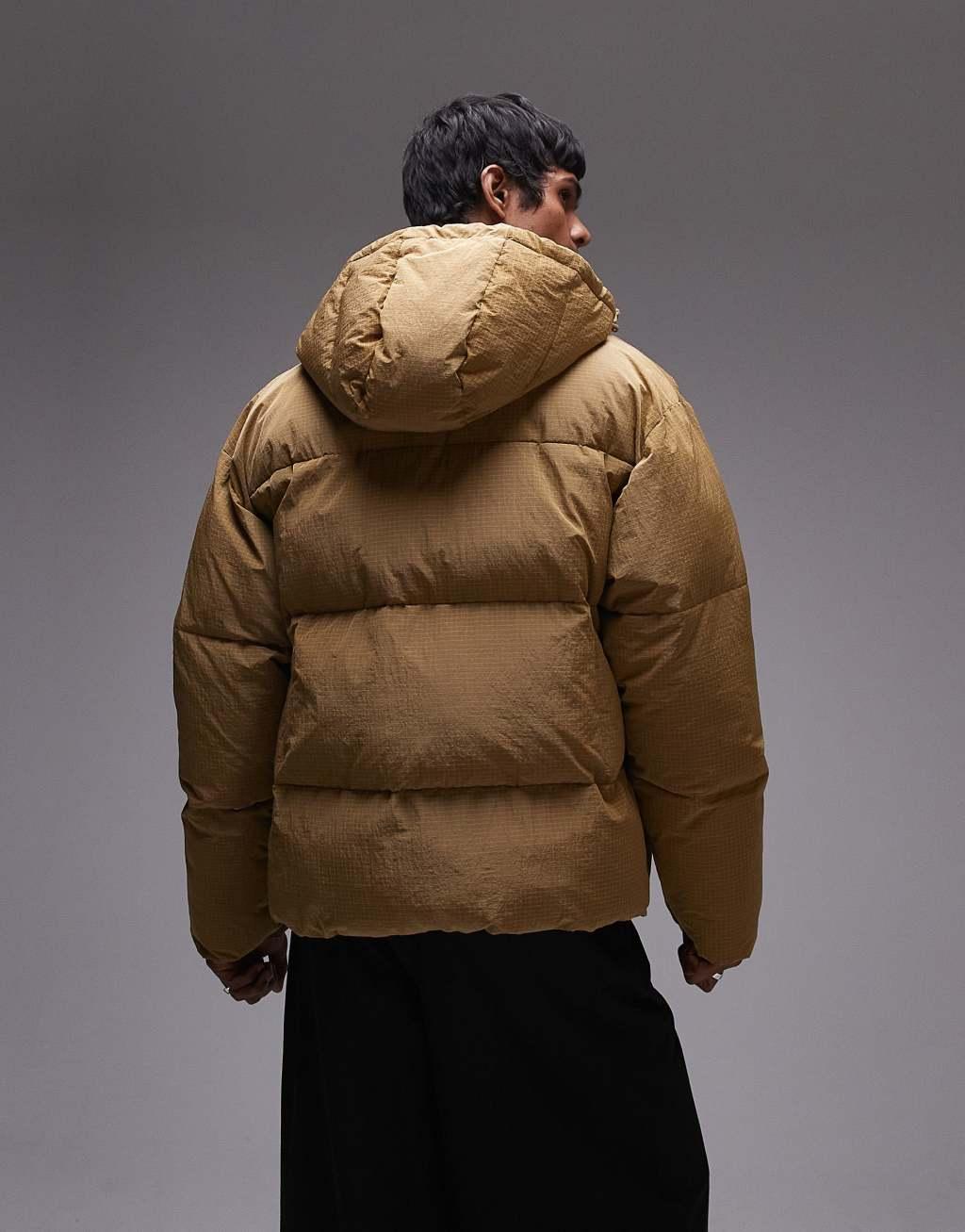 Topman textured hooded puffer jacket in mustard Product Image
