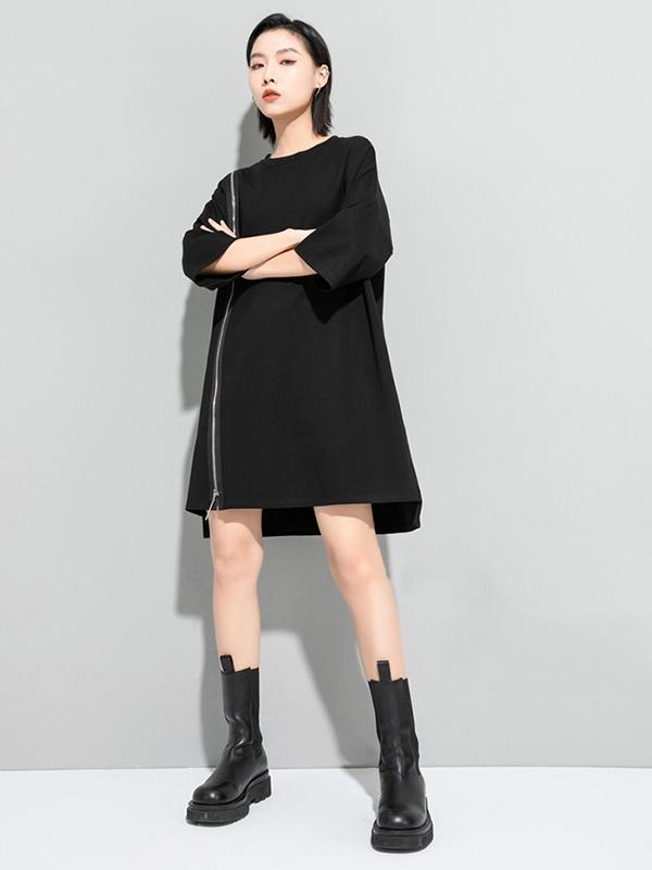 Original Black Zipper Batwing Sleeve Round-Neck Mini Dress Product Image