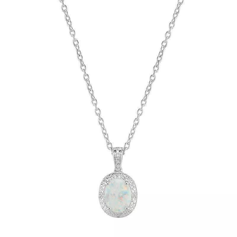 Sterling Silver Lab-Created White Opal & Diamond Accent Oval Halo Pendant, Women's Product Image
