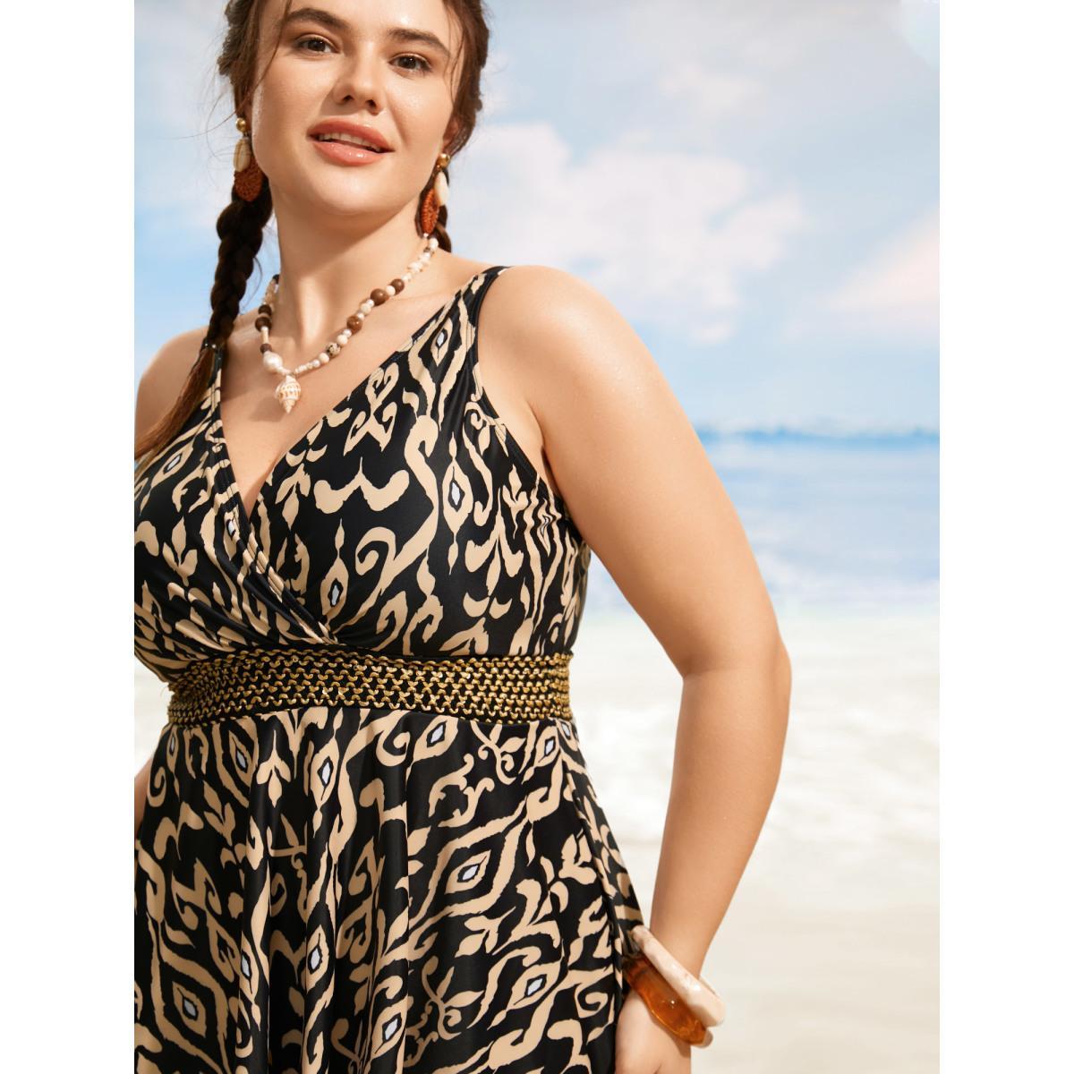 Plus Size Boho Print Overlap Collar Woven Ribbon Swim Dress Women's Swimwear Black Beach Bodycon Overlap Collar High stretch Curve Swim Dresses BloomChic 30/6X Product Image