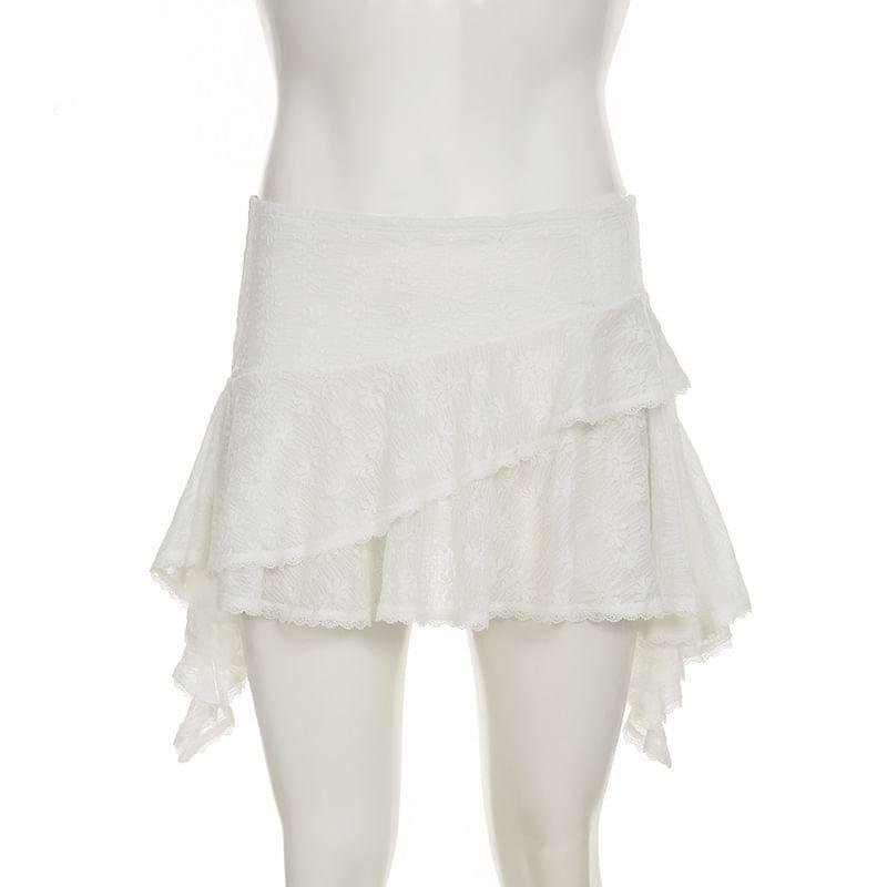Low Waist Asymmetrical Mini A-Line Lace Layered Skirt Product Image