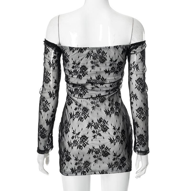 Long-Sleeve Off-Shoulder Lace Mini Bodycon Dress Product Image