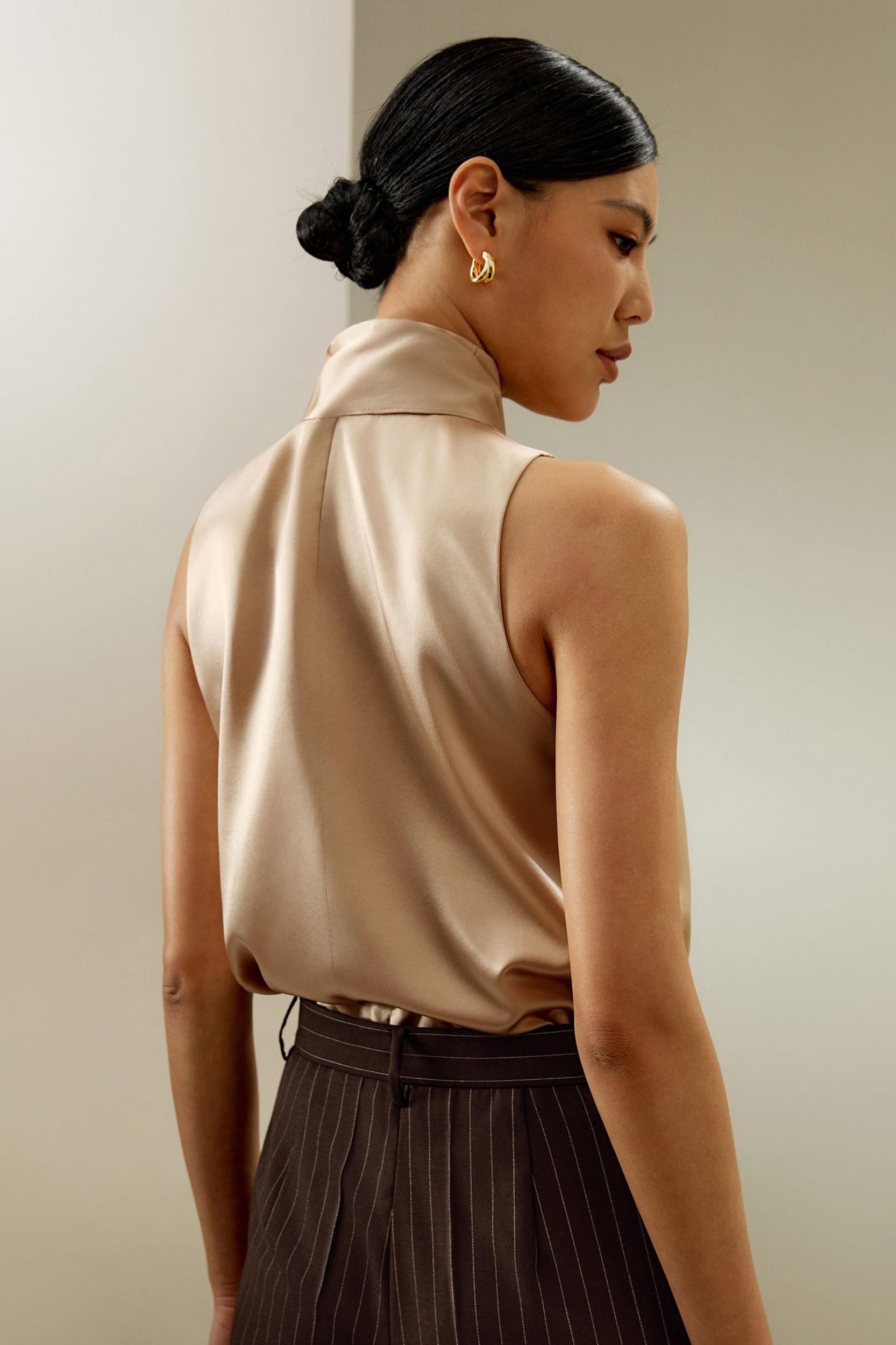 Sleeveless Tie-Neck Silk Blouse Product Image