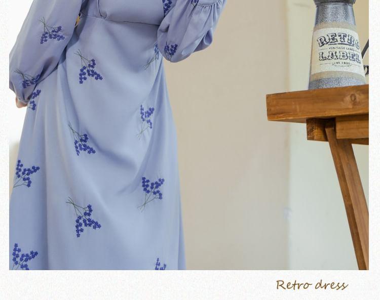 Long Sleeve V-Neck Floral Embroidered Midi A-Line Wrap Dress Product Image