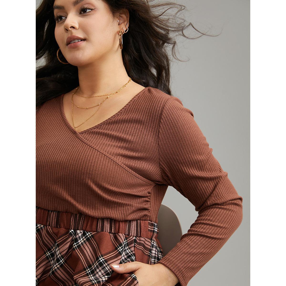 Plus Size Plaid Elastic Waist Patchwork Rib Knit Dress Maroon Women Elegant Printed Round Neck Long Sleeve Curvy Midi Dress BloomChic 14-16/1X Product Image