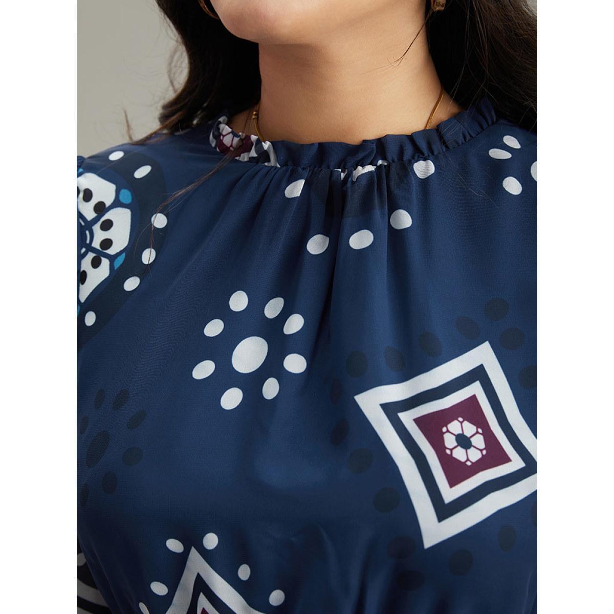 Plus Size Geometric Mesh Stand Collar Frill Trim Dress DarkBlue Women Vacation Elastic cuffs Stand-up collar Elbow-length sleeve Curvy Midi Dress BloomChic 22-24/3X Product Image