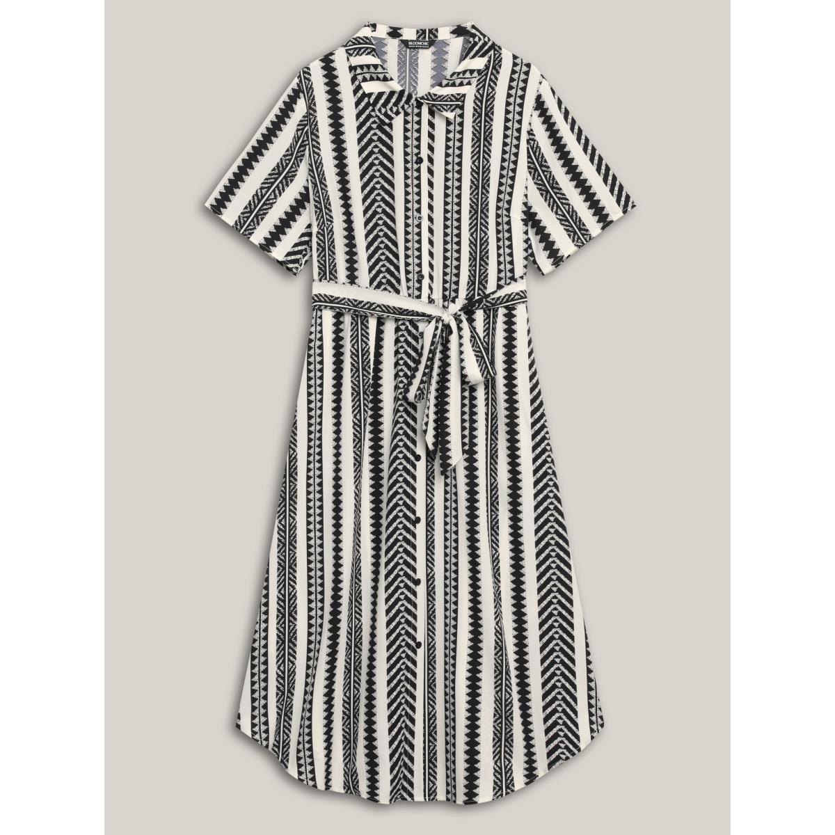 Plus Size Boho Striped Stretchy Waist Shirt Dress WhiteSmoke Women Resort Belted Shirt collar Short sleeve Curvy BloomChic 12/L Product Image