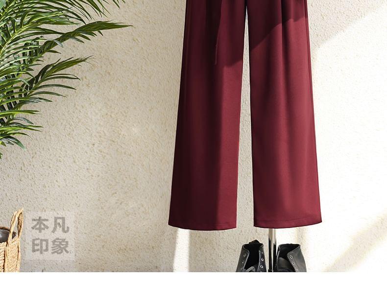 High Waist Plain Belted Wide Leg Dress Pants Product Image