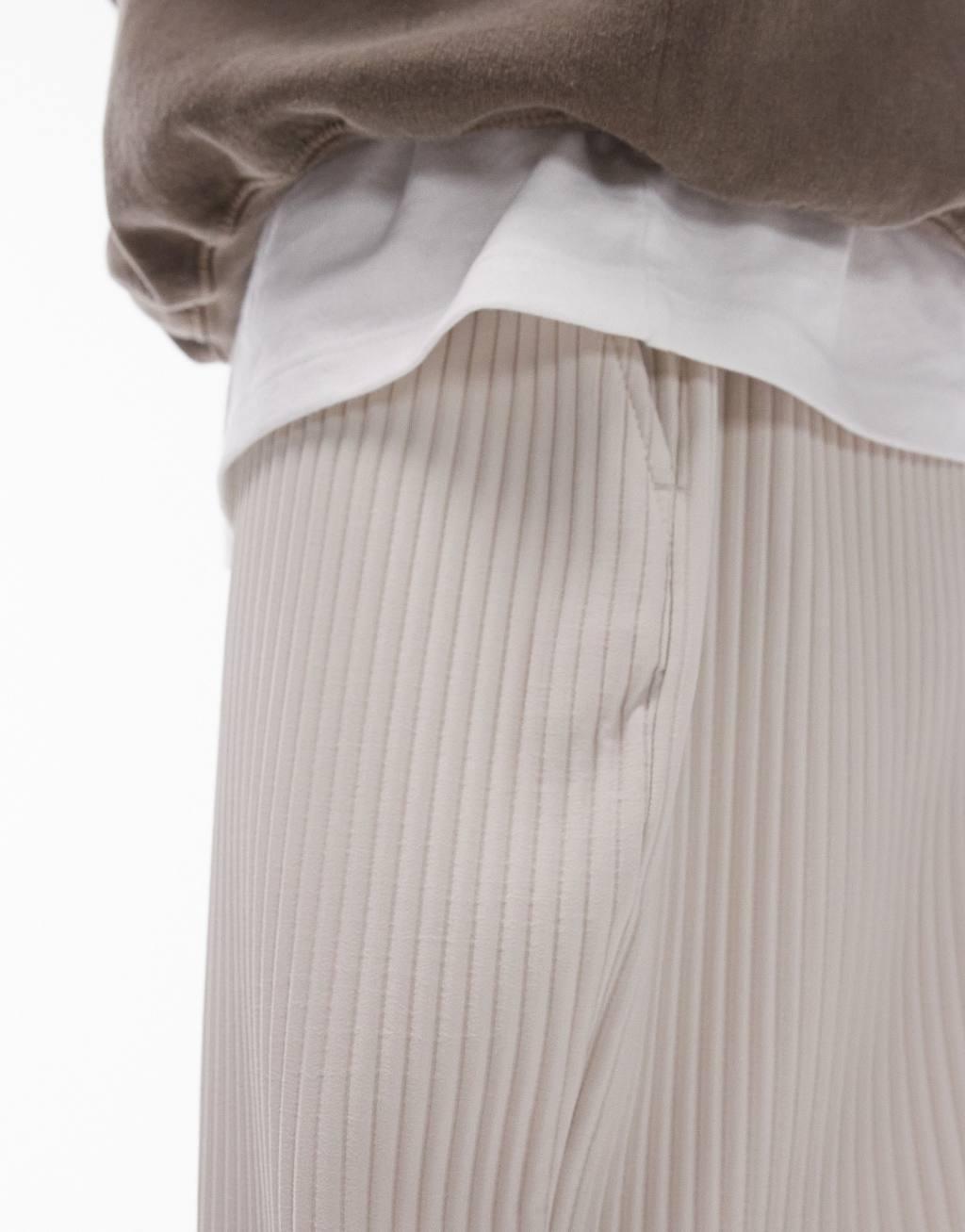 Topman wide leg plisse pants in light stone Product Image