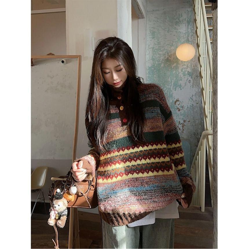 Collared Patterned Button Sweater Product Image