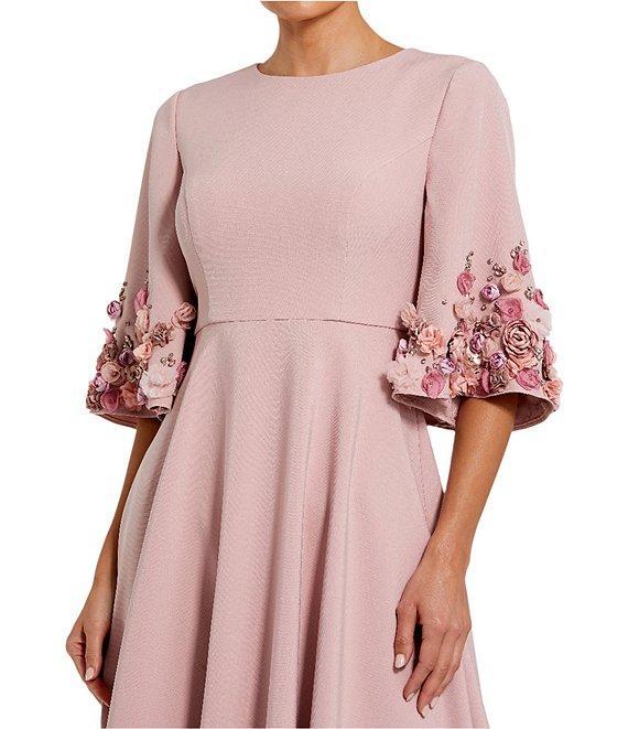 Mac Duggal Crew Neck 3D Floral Applique Elbow Sleeve A-Line Satin Gown Product Image