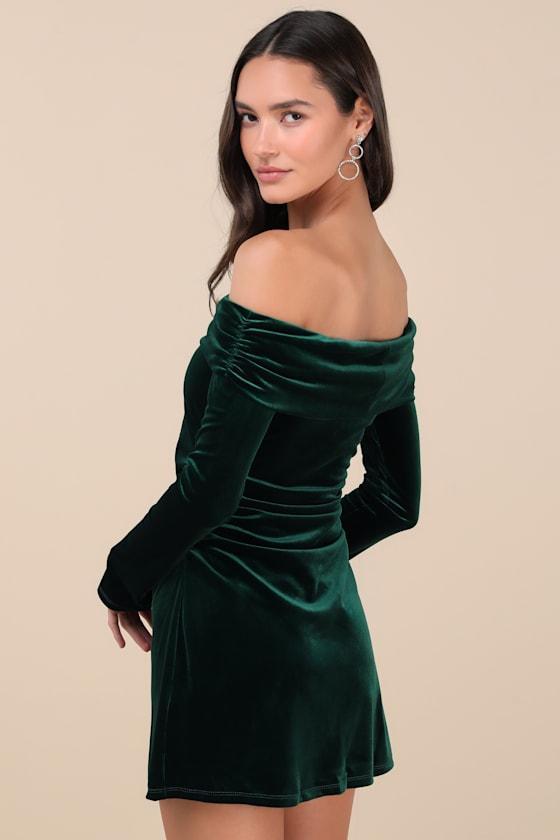 Ava Emerald Velvet Off-the-Shoulder Mini Dress Product Image