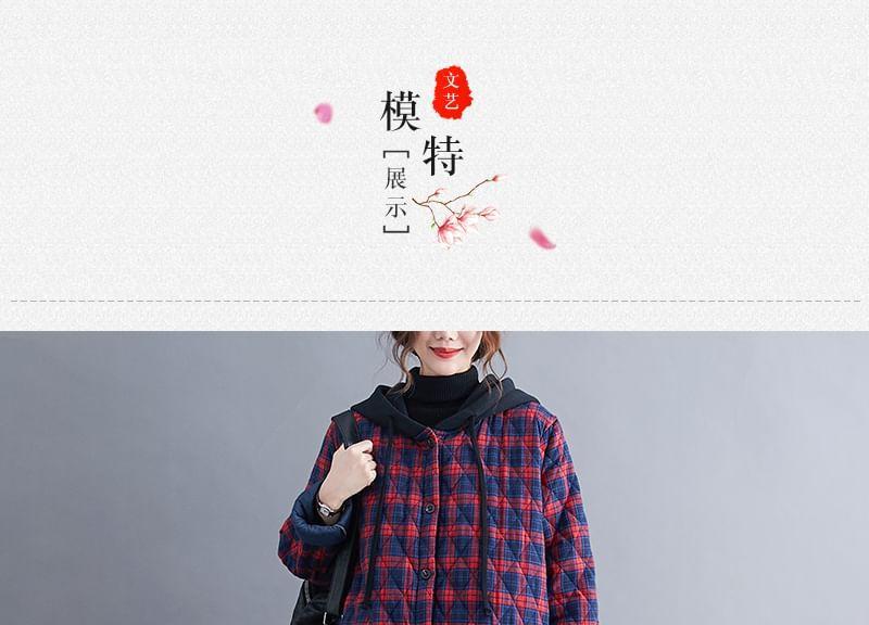 Hooded Button-Up Plaid Long Padded Coat Product Image