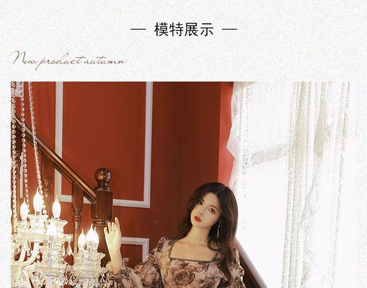 Long-Sleeve Square Neck Floral A-Line Dress Product Image