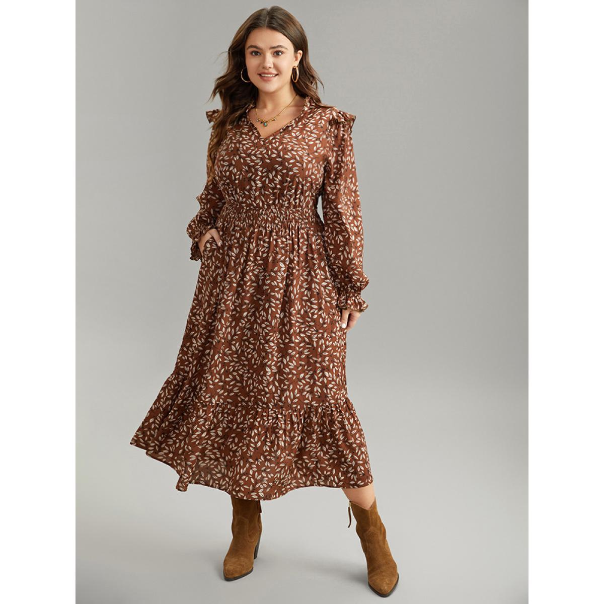 Plus Size Ditsy Floral Flutter Trim Pocket Shirred Dress DarkBrown Women Elegant Printed Notched collar Long Sleeve Curvy Midi Dress BloomChic 22-24/3X Product Image