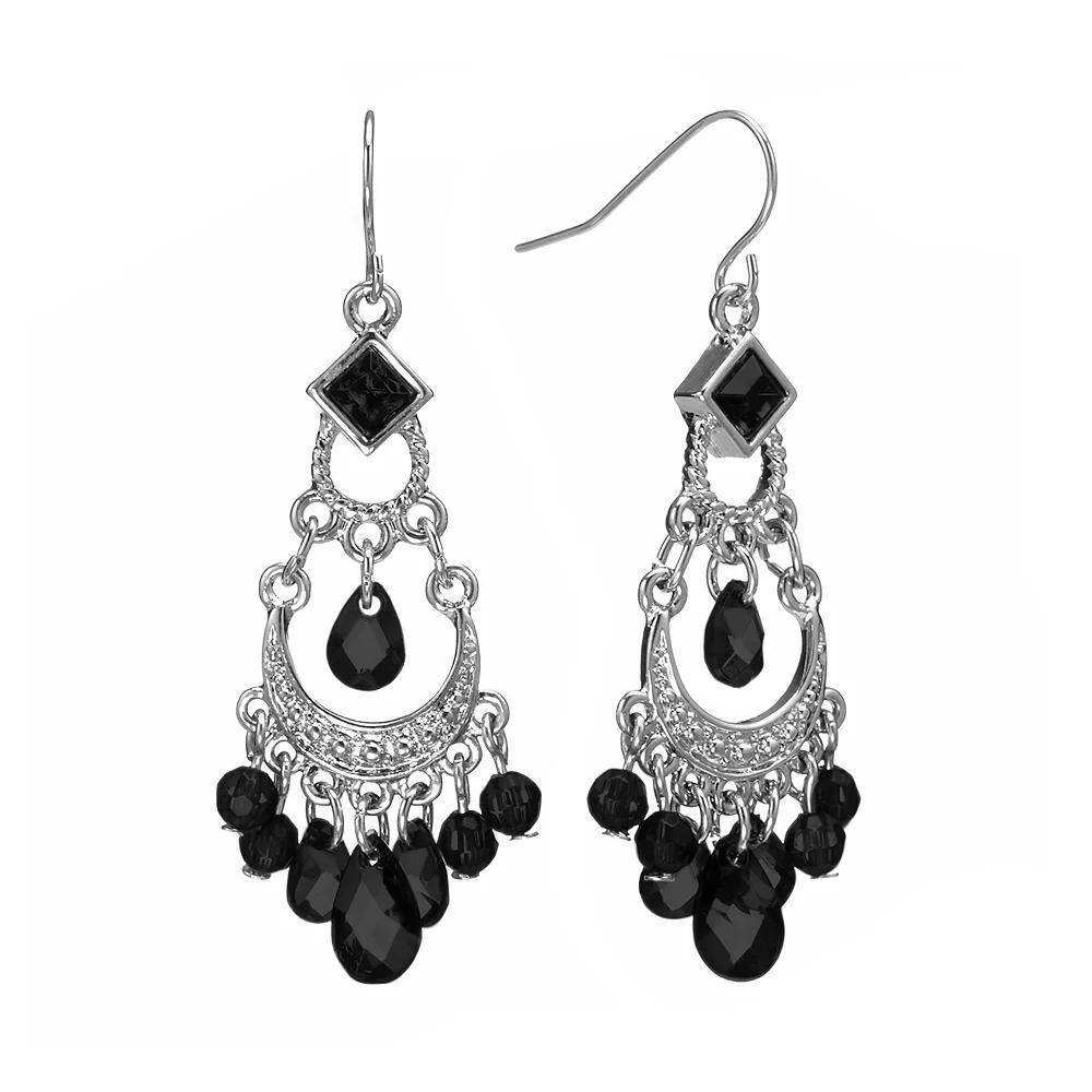 1928 Silver Tone Bead Chandelier Earrings, Womens, Black Product Image