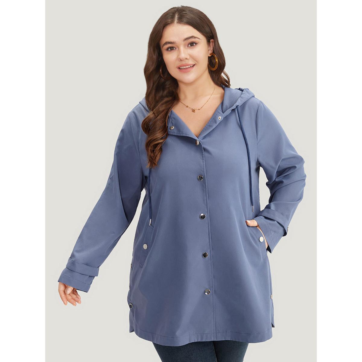 Plus Size Plain Button Detail Hooded Drawstring Coat Women DarkBlue Casual Plain Ladies Dailywear Winter Coats BloomChic 22-24/3X Product Image