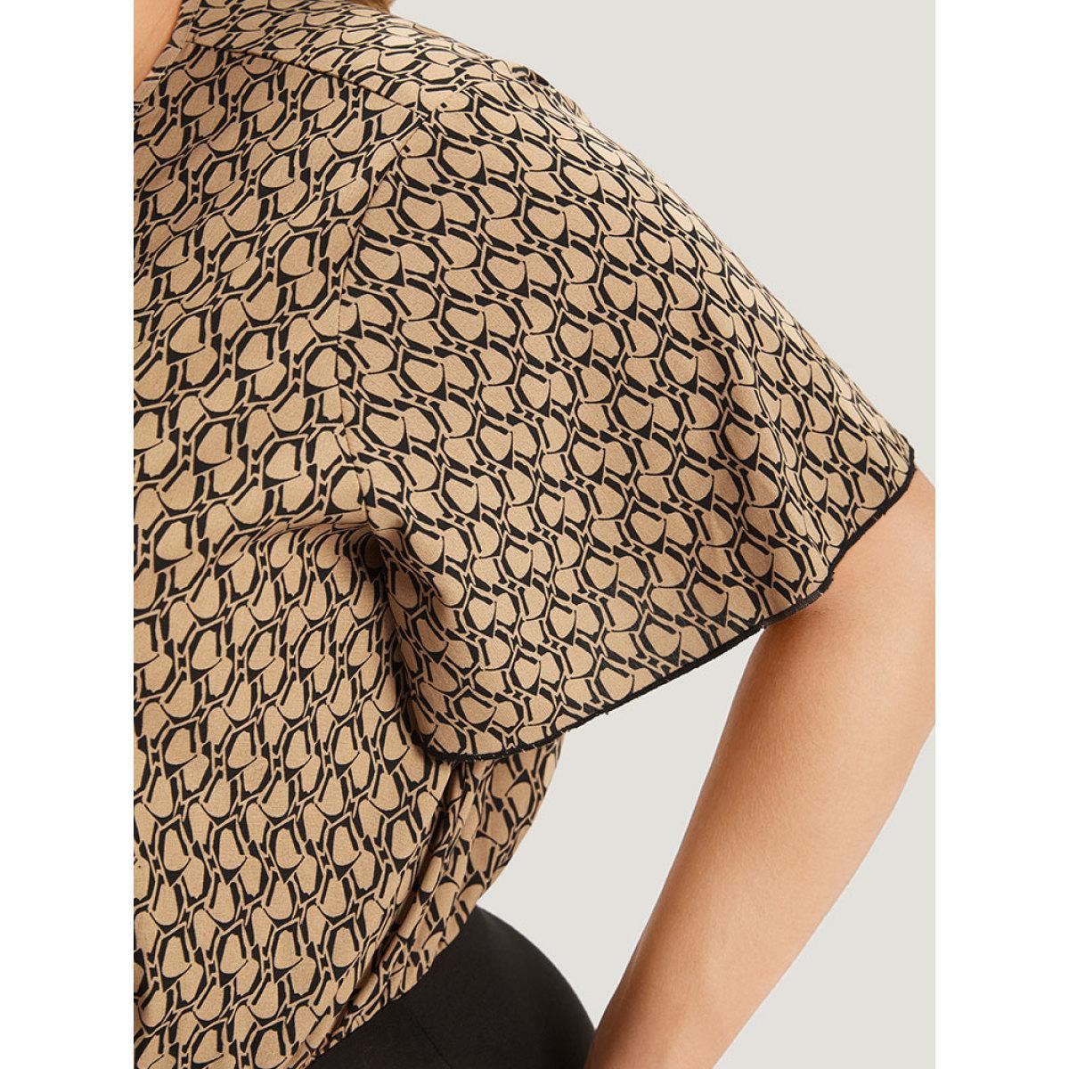 Plus Size Graphic Print Surplice Neck Ruffle Sleeve Bodysuit Women LightBrown Graphic Wrap Bodysuits BloomChic 26/4X Product Image