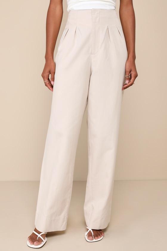 Sophisticated Feel Beige Pleated High-Rise Wide-Leg Pants Product Image