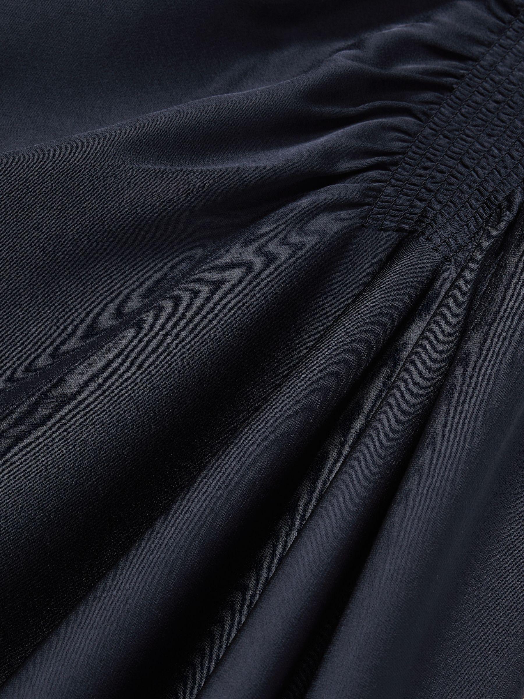 Petite Satin Shirred Midi Dress in Navy Product Image