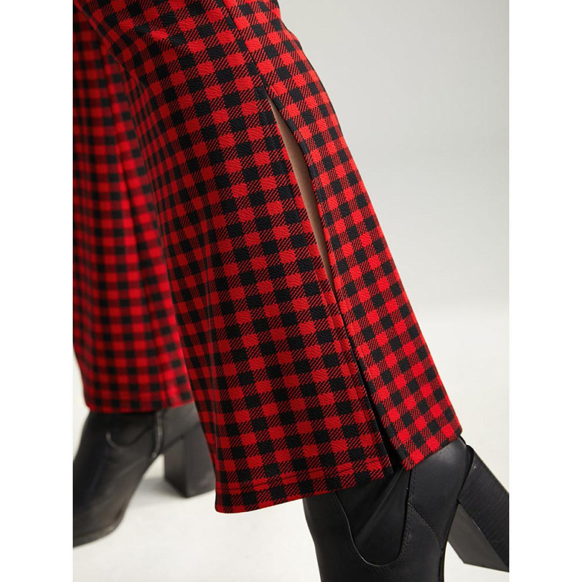 Plus Size Gingham Bootcut Split Hem Metal Detail Pants Women Raspberry Elegant Flare Leg High Rise Festival-Christmas Pants BloomChic 10/M Product Image