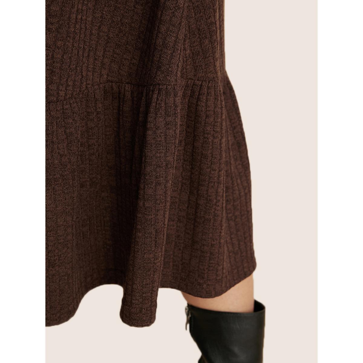 Plus Size Solid Pocket Rib Knit Ruffle Hem Dress Without Belt ArmyGreen Women Basics Non Round Neck Long Sleeve Curvy Midi Dress BloomChic 14-16/1X Product Image