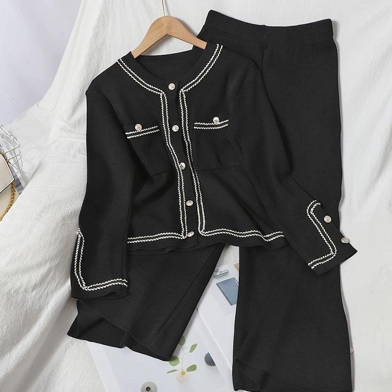 Set: Plain Contrast Trim Cardigan + High Rise Wide Leg Pants Product Image