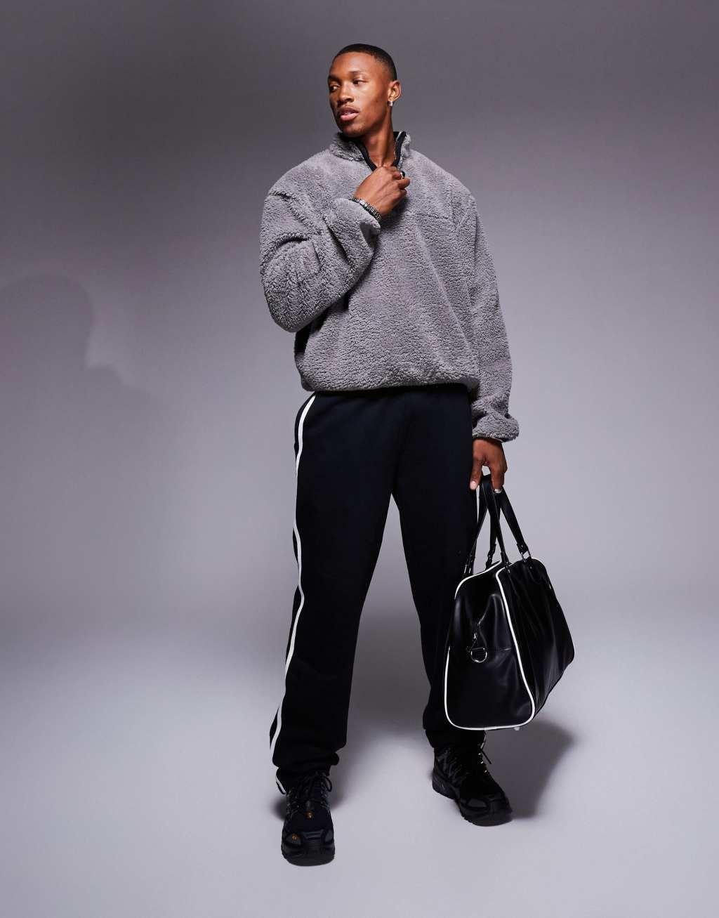 ASOS DESIGN boxy oversized half zip borg sweatshirt in gray Product Image