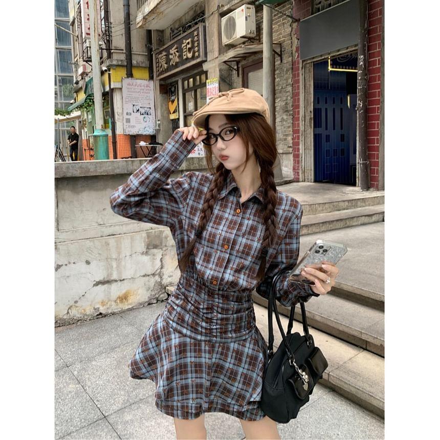 Long-Sleeve Collared Plaid Ruched Layered Half-Buttoned Mini A-Line Dress Product Image
