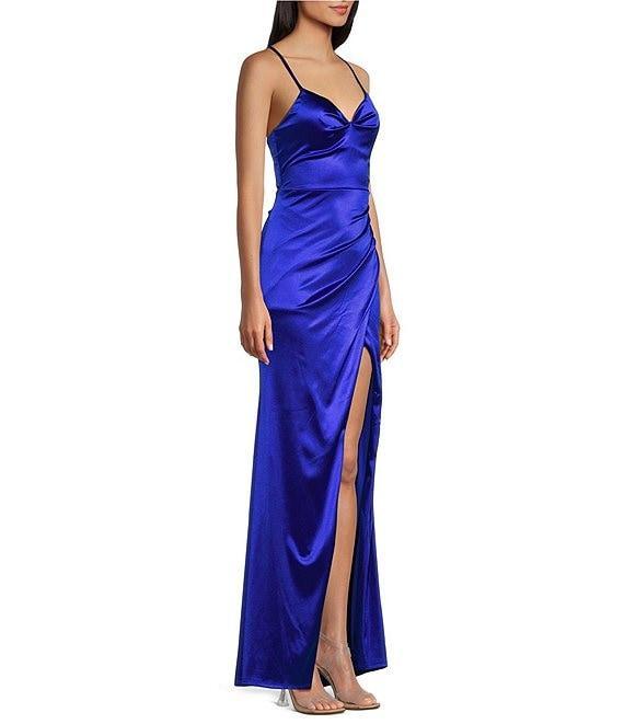 Midnight Doll Crystal Satin V-Neck Spaghetti Strap Side Slit Dress Product Image