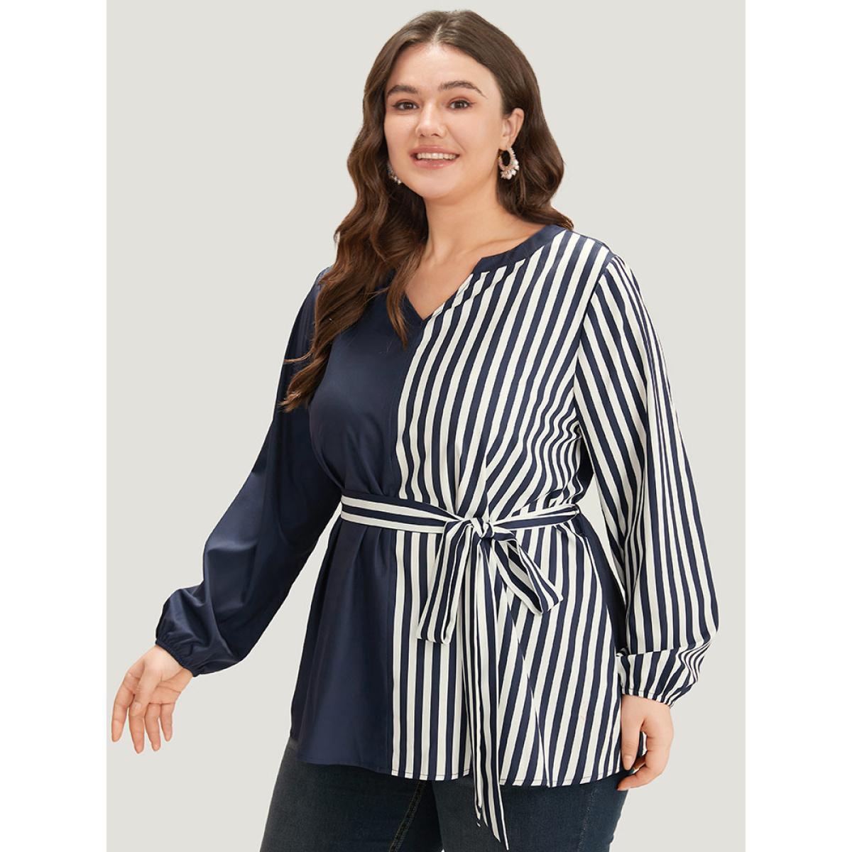 Plus Size Indigo Striped Patchwork Notched Belted Lantern Sleeve Blouse Women Office Long Sleeve V-neck Work Blouses BloomChic 28/5X Product Image