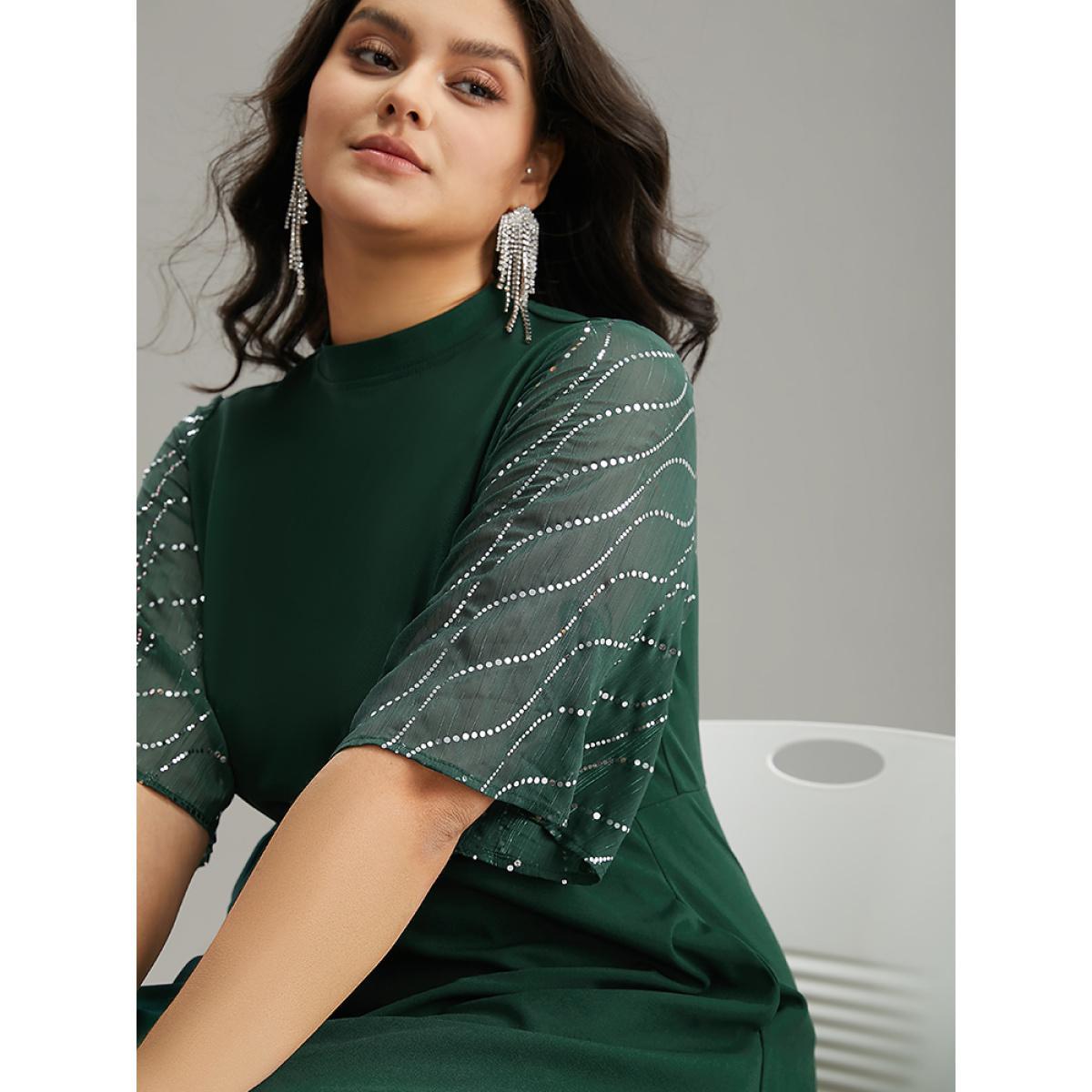 Plus Size Plain Mesh Sequin Patchwork Ruffle Sleeve Dress DarkGreen Women Party Sequin Stand-up collar Short sleeve Curvy Midi Dress BloomChic 18-20/2X Product Image