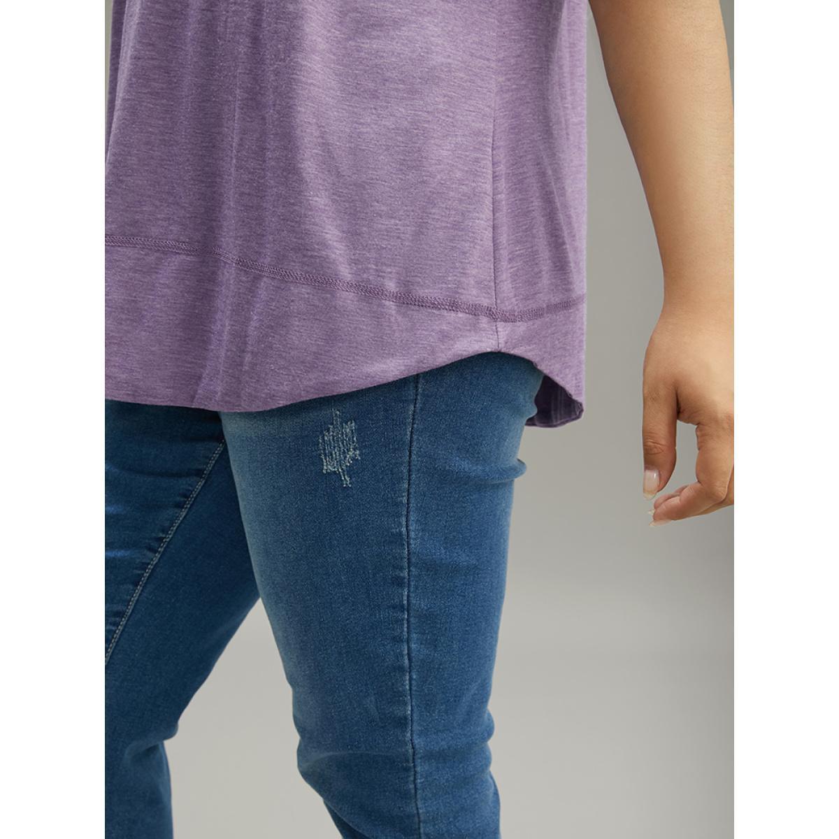 Plus Size Contrast Stitch Round Neck Curved Hem T-shirt Purple Women Casual Plain Plain Round Neck Dailywear T-shirts BloomChic 22-24/3X Product Image