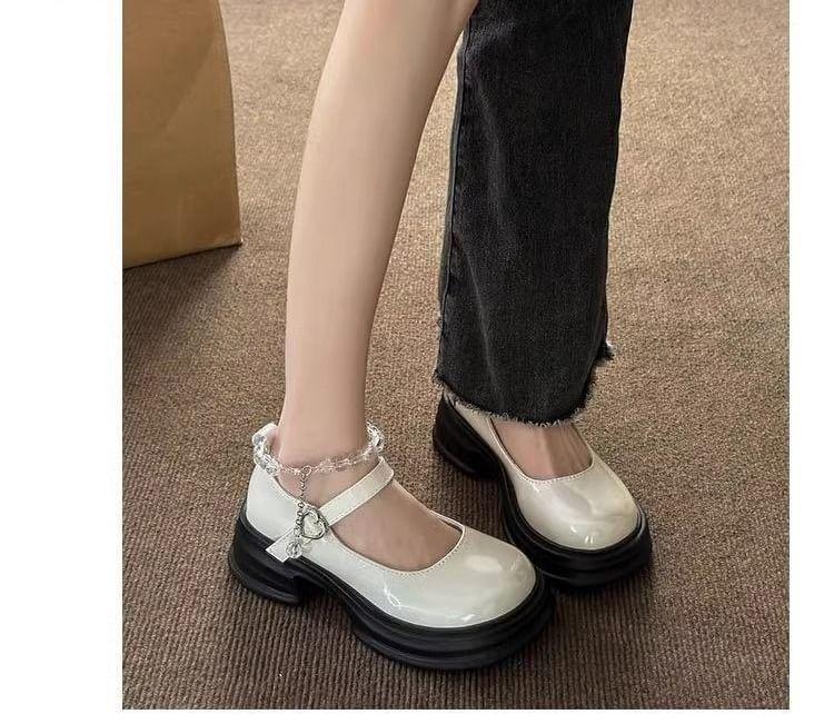 Heart Buckled Beaded Platform Chunky Heel Mary Jane Pumps Product Image
