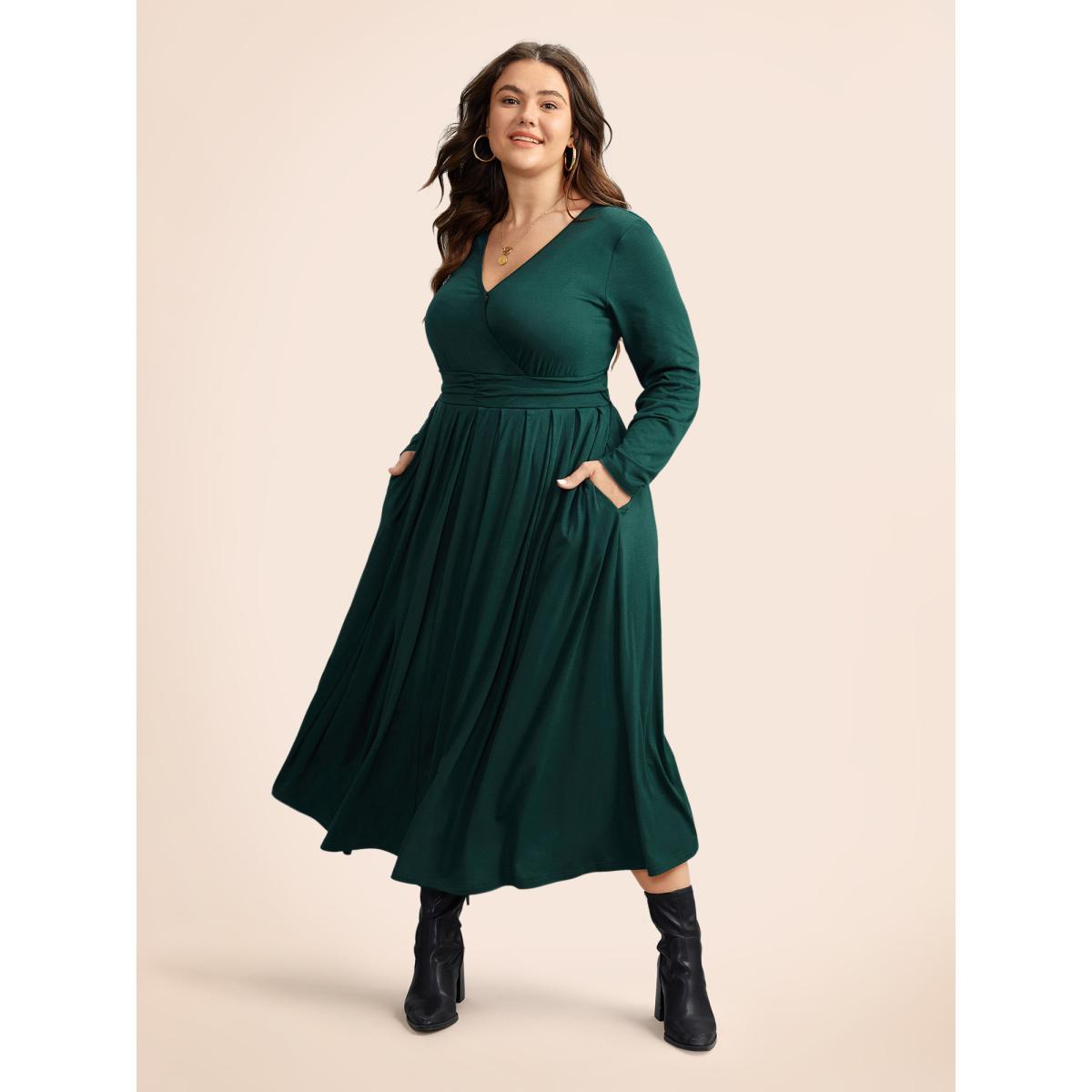 Plus Size Supersoft Essentials Ruched Wrap Pleated Hem Dress DarkGreen Women Casual Non Overlap Collar Long Sleeve Curvy Midi Dress BloomChic 26/4X Product Image