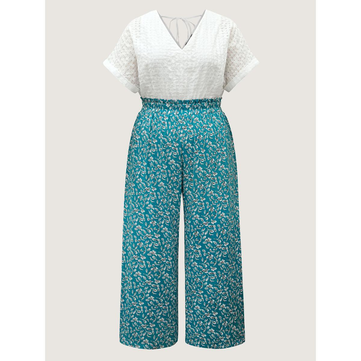 Plus Size Cerulean Floral Color Contrast Shirred Jumpsuit Women Cap Sleeve V-neck Everyday-Casual Loose Jumpsuits BloomChic 18-20/2X Product Image