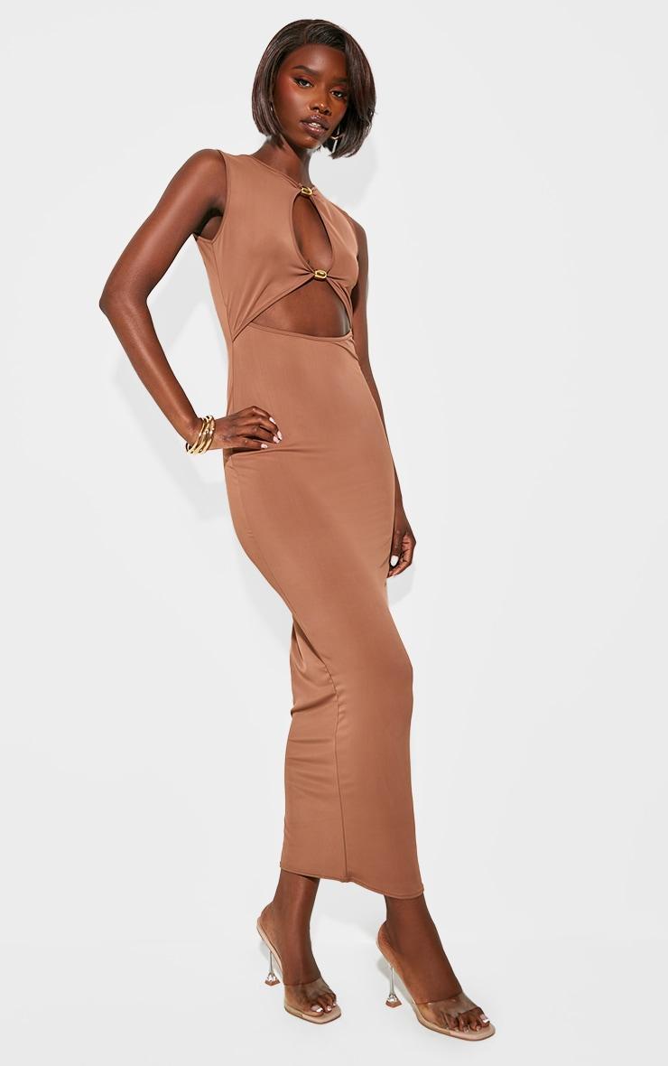 Tall Mocha Slinky Cut Out Trim Detail Midaxi Dress Product Image