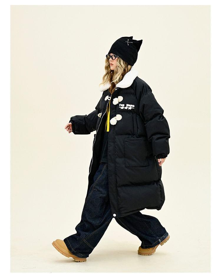 Collared Two Tone Lettering Long Puffer Coat Product Image