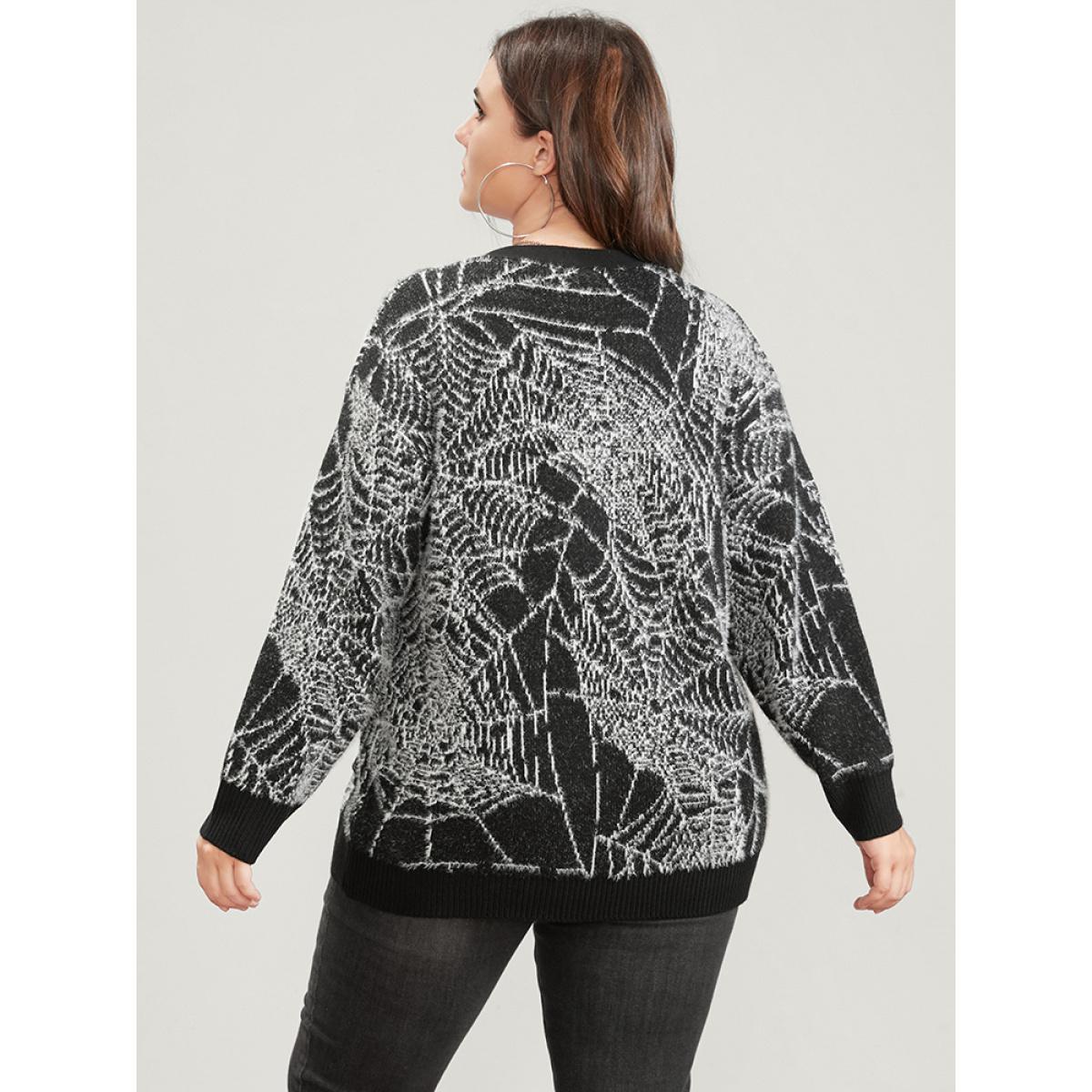 Plus Size Spider Web Plush Knit Pocket Button Front Cardigan BlackFlower Women Elegant Loose Long Sleeve Dailywear Cardigans BloomChic 12/L Product Image