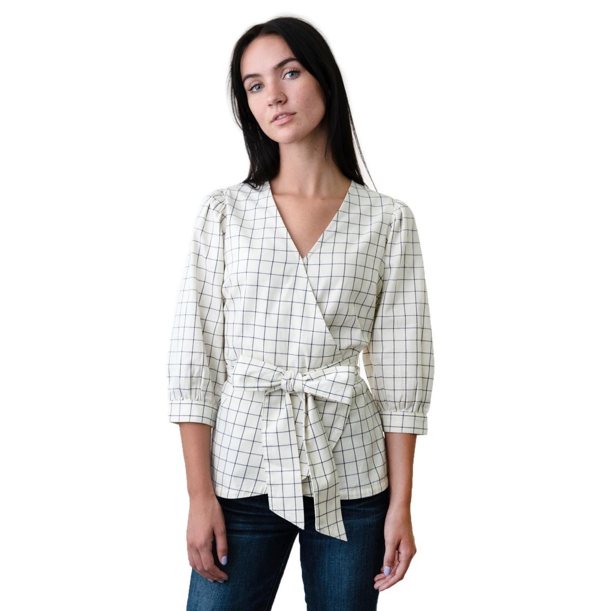 Hope & Henry Women's Puff Sleeve Wrap Top in Ivory And Navy Windowpane at Nordstrom, Size 4 Product Image