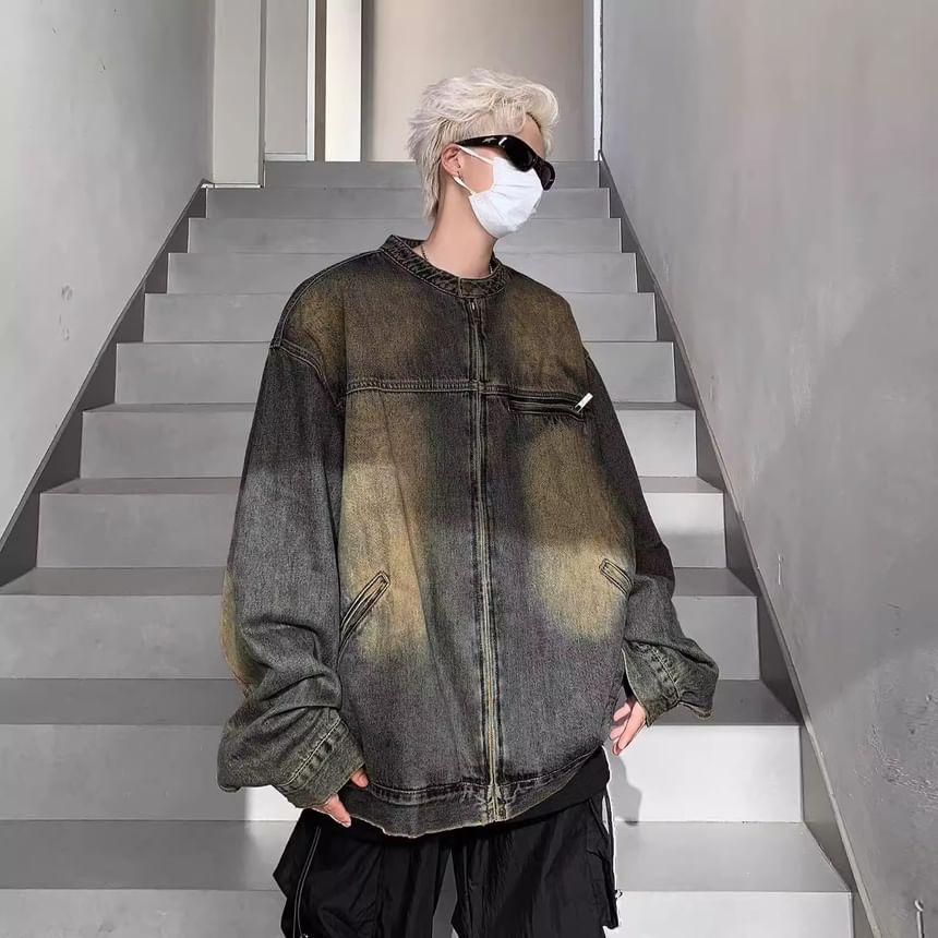 Stand Collar Washed Denim Zip Jacket Product Image