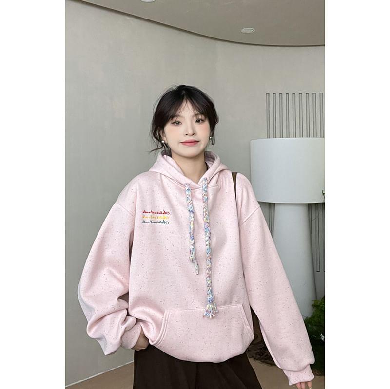Lettering Embroidered Drawstring Hoodie Product Image