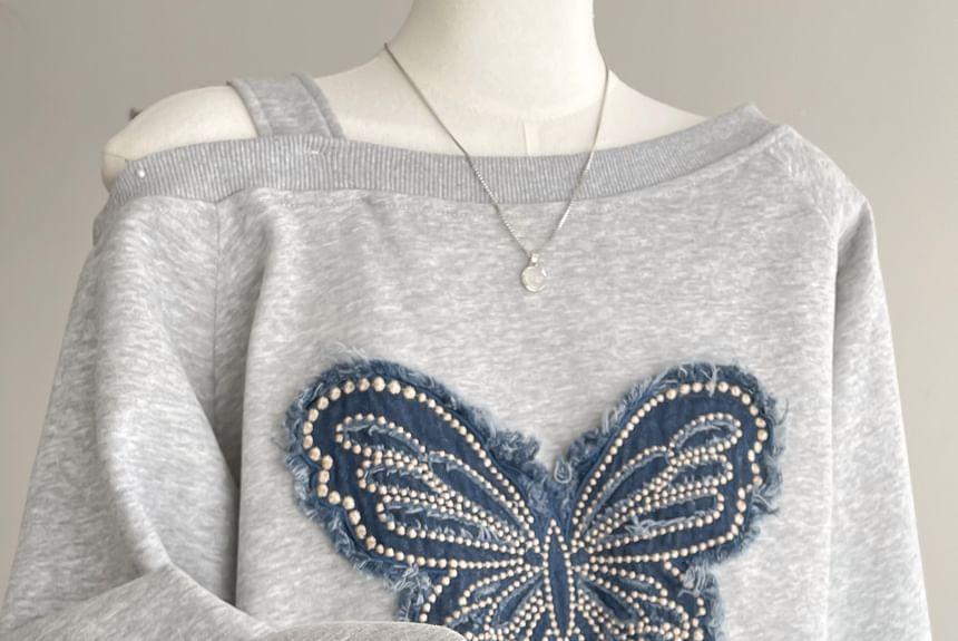 One Shoulder Butterfly Applique Pullover Product Image