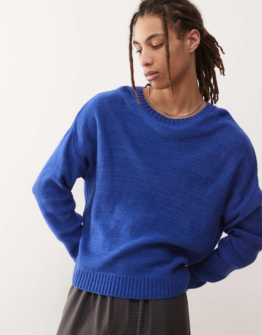 Reclaimed Vintage crew neck knit sweater in cobalt blue Product Image