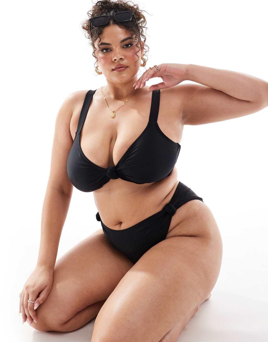 South Beach Curve knot front bikini top in black Product Image