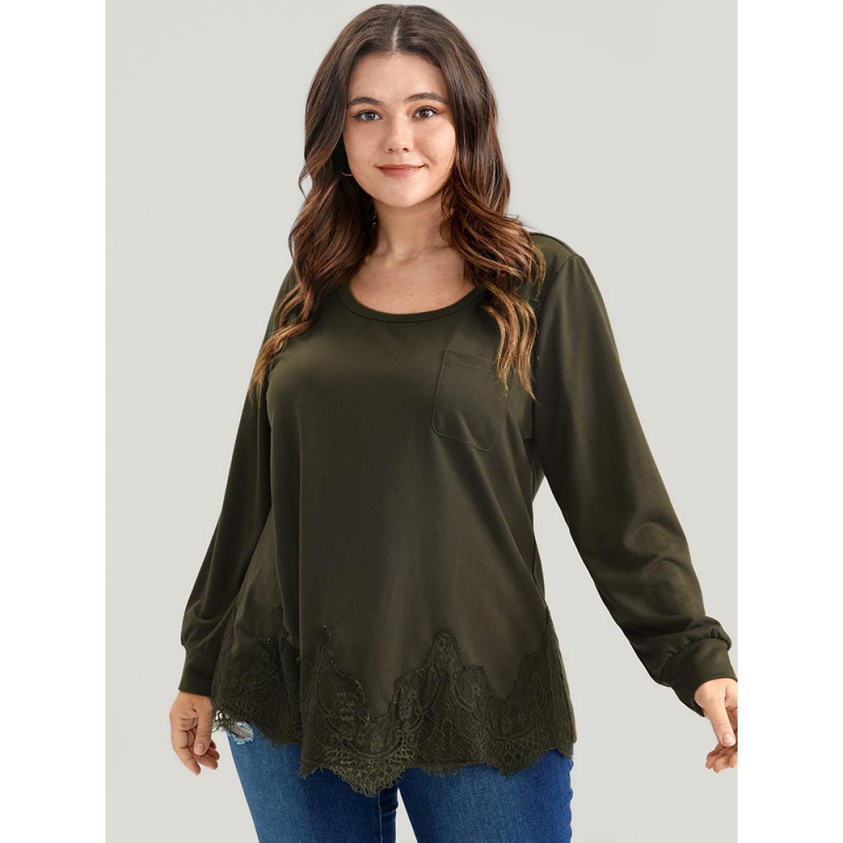 Plus Size Solid Round Neck Pocket Lace Hem Sweatshirt Women ArmyGreen Elegant Patchwork Round Neck Dailywear Sweatshirts BloomChic 10/M Product Image