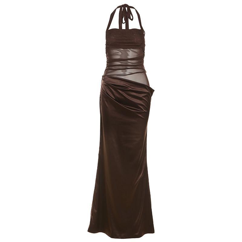 Halter-Neck Plain Shirred Cutout Midi Mermaid Dress Product Image